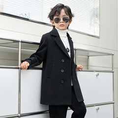 Boys Woolen Coat Overcoat Jacket Windbreak 2024 Black Warm Plus Thicken Autumn Winter Cotton School Children's Clothing