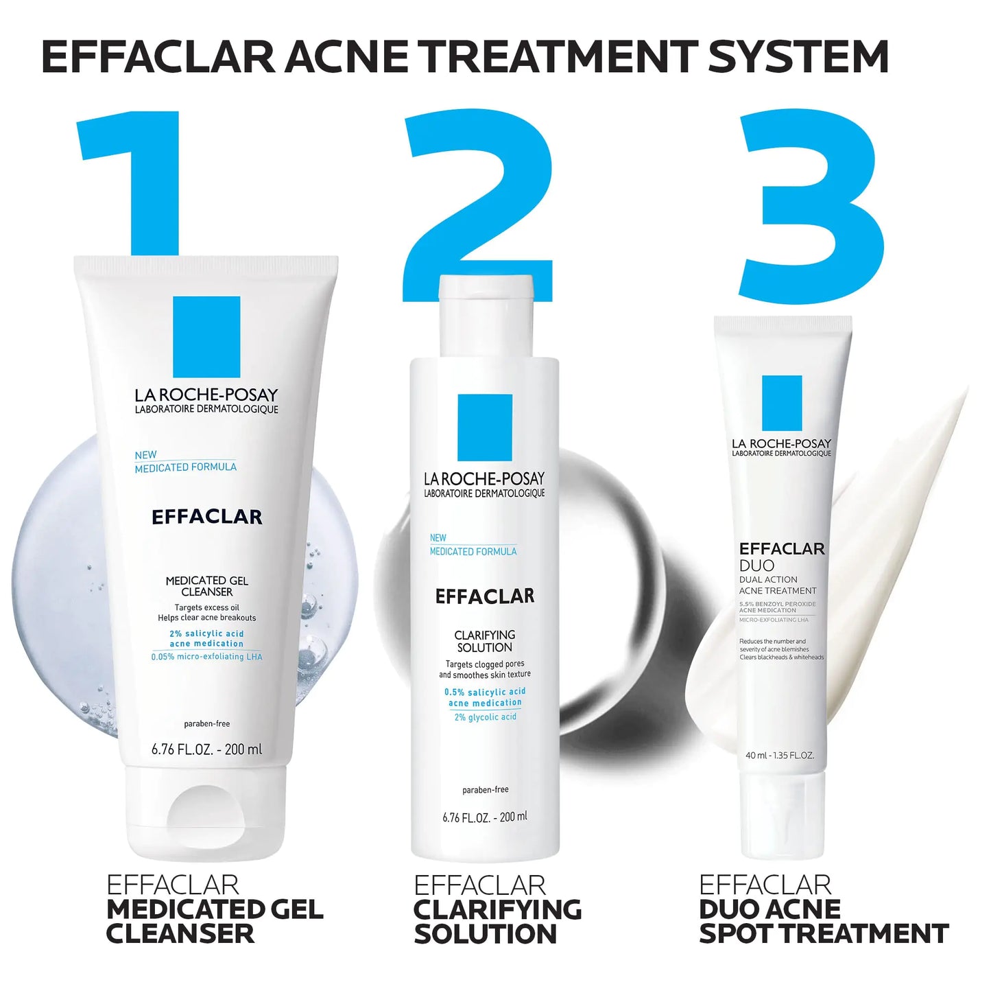 La Roche-Posay Effaclar Dermatological 3 Step Acne Treatment System, Salicylic Acid Acne Cleanser, Pore Refining Toner, and Benzoyl Peroxide Spot Treatment for Sensitive Skin, 2-Month Supply